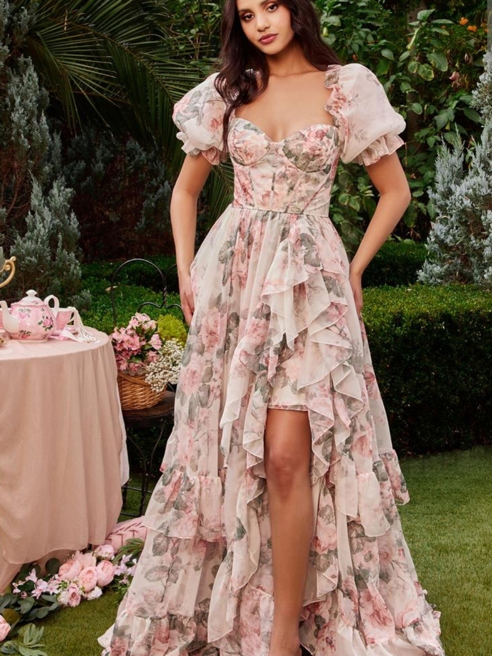Andrea & Leo Romantic Blush Floral Ruffled Maxi Dress